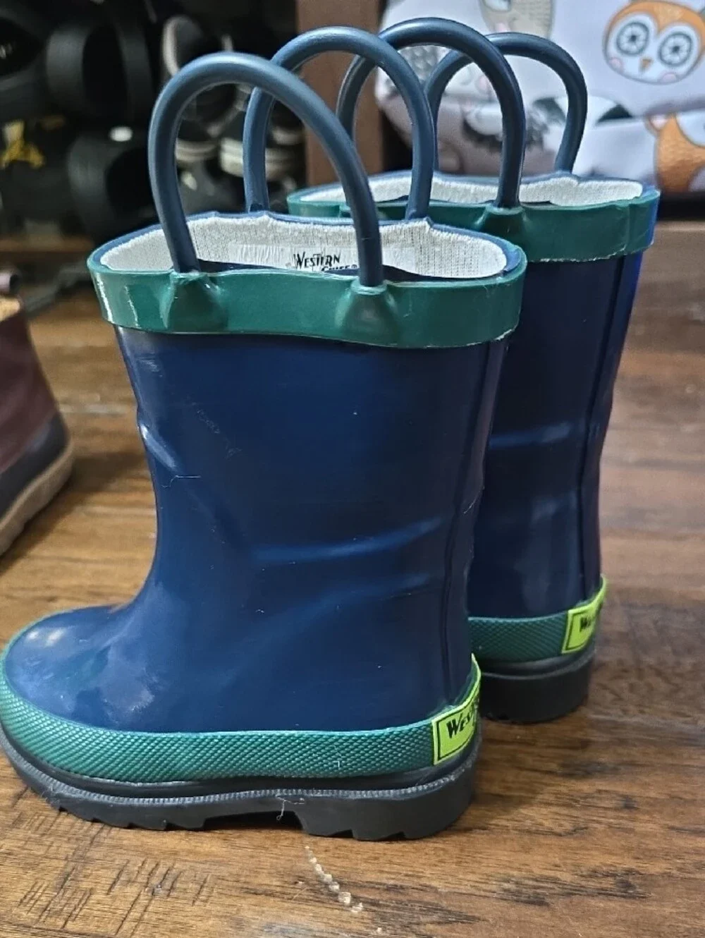 Western Chief Navy and Green Kids Rain Boots with Pull Handles